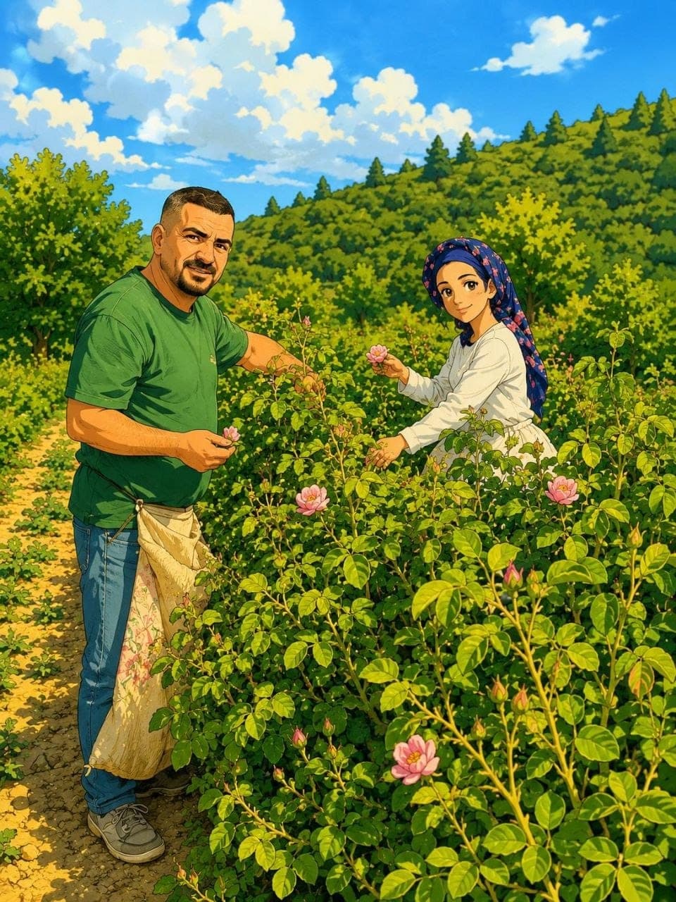 Gül bahçesinde birlikte hasat yapan aile — illüstrasyon